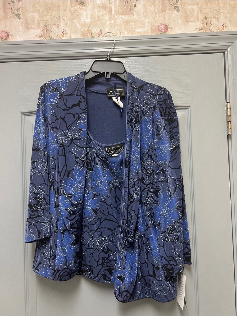 Alex Evenings Navy and Royal Blue Floral Jacket with Shell